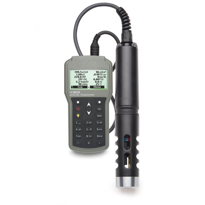 Medidor multiparamétrico de pH/ORP/CE/TDS/Salinidad/OD/Presión/Temperatura con sonda de 20 metros (Modelo HI98196)