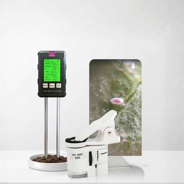 Kit Control y Análisis Agrícola · Medidor Suelo 6en1 + Lupa 60x · F&M