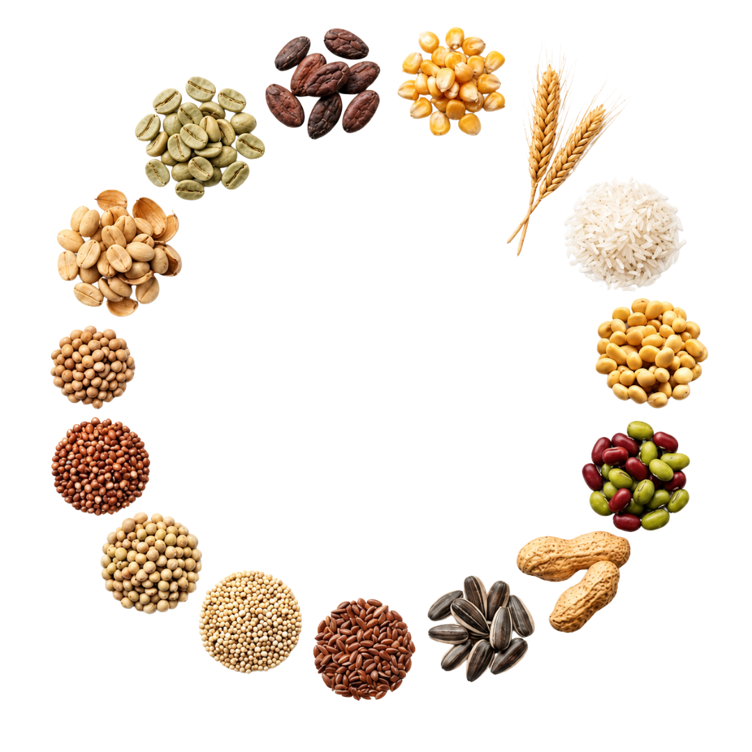 Granos y semillas: café, cacao, maíz, trigo, arroz, quinua, soya